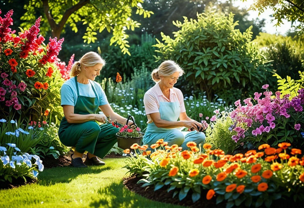 A serene morning scene depicting a person joyfully gardening under a brilliant sun, surrounded by blooming flowers and lush greenery. Rays of sunlight filter through leaves, creating a warm and inviting atmosphere. The individual's face radiates happiness, symbolizing contentment and tranquility. Include butterflies fluttering and vibrant hues to enhance the uplifting mood. super-realistic. vibrant colors. soft focus.