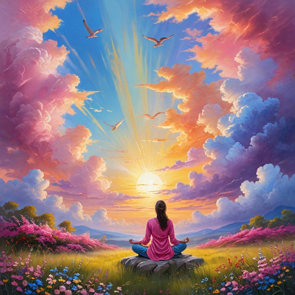 A radiant sunrise over a serene landscape, symbolizing hope and joy, with blooming flowers in vibrant colors surrounding a peaceful figure practicing meditation. Include gentle rays of light breaking through soft clouds, casting a warm glow. The scene conveys a sense of tranquility and bliss as birds soar in the bright sky. painting. vibrant colors. soft focus.