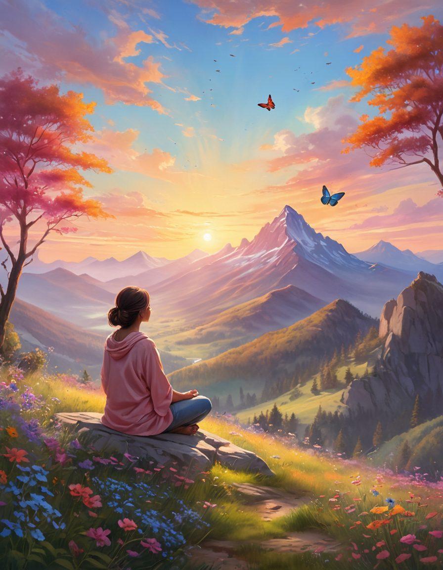 A glowing sunrise over a serene landscape, with a silhouette of a person meditating on a mountain top, surrounded by colorful wildflowers. Soft rays of light illuminate the scene, symbolizing positivity and mindfulness. Delicate butterflies flutter around, adding a sense of tranquility and joy. The sky is painted in warm pastel colors, enhancing the feeling of serenity. painterly style. vibrant colors. harmonious composition.